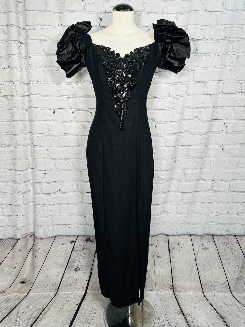 Vintage 80s Zum Zum Black Sequin Prom Dress Ruffle Sleeves Maxi Column S/M